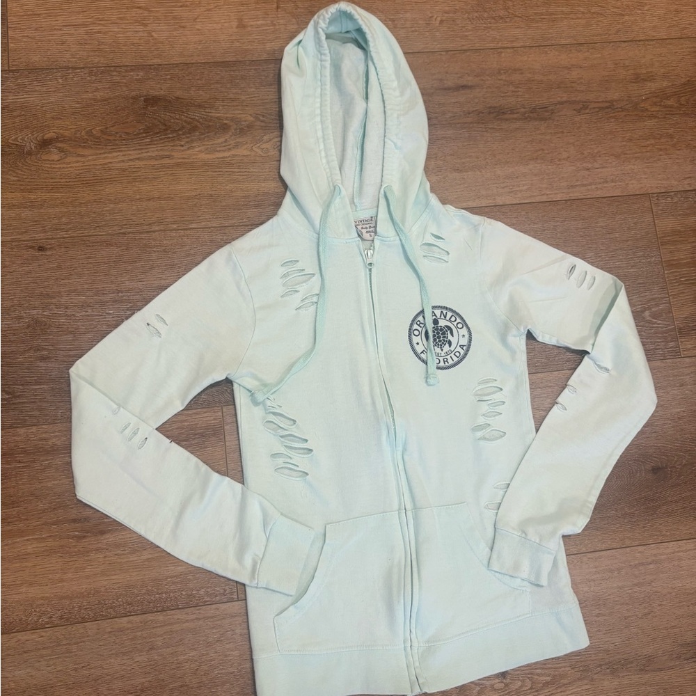 Light Mint Distressed Zip-Up Hoodie with Orlando Florida Fits XS Y2K Beachy